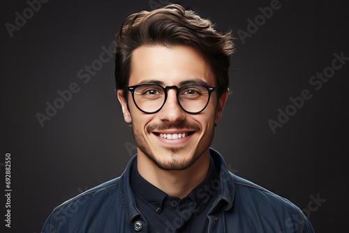 background white isolated glasses haircut trendy man handsome Smiling portrait male model goggles eyeglass photogenic guy shirt denim face casual attire people fashion attractive young studio jean