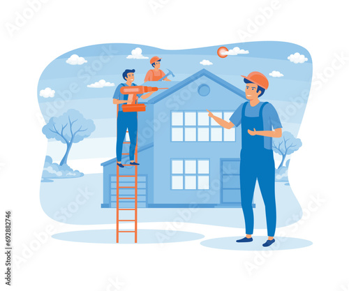 House Renovation.  Workers repairing roof. Construction group, roofers, foreman.  flat vector modern illustration 
