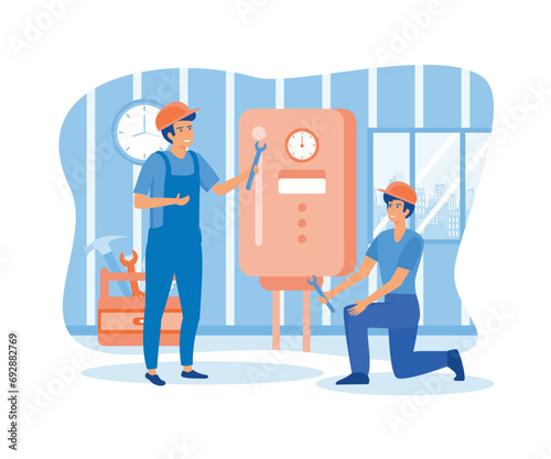 Plumber worker repairs broken water heater. Repairmen in uniform install boiler, appliance. flat vector modern illustration 