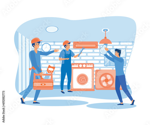 Happy servicemen repairing machines at home. Electrician, mechanic or repairer at work.  flat vector modern illustration 