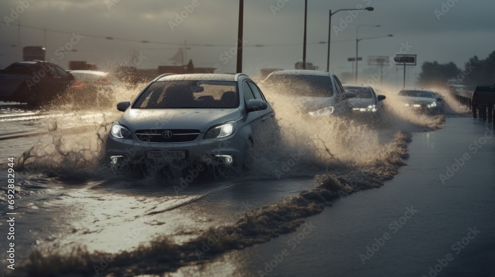 Cars driving on flooded roads Cars driving on flooded roads