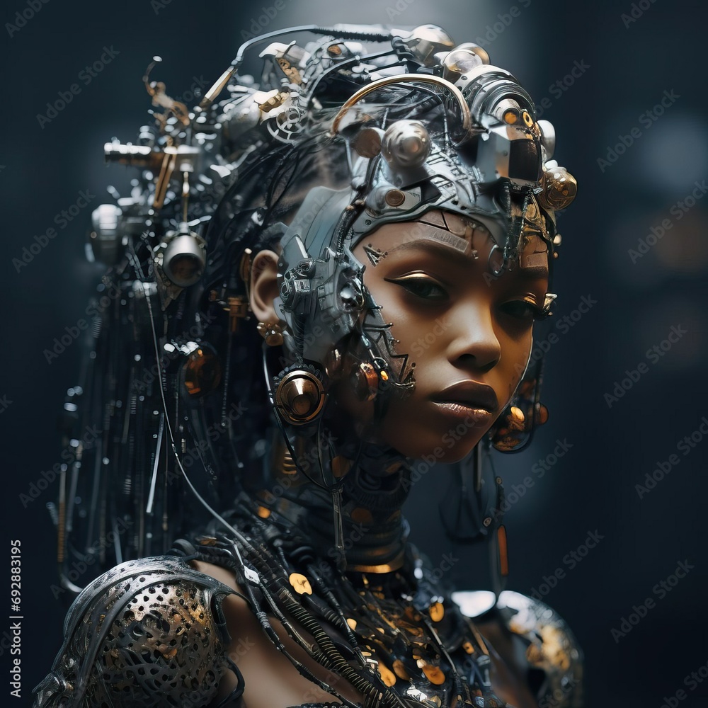 dark-skinned woman in cyberpunk style. robot woman.