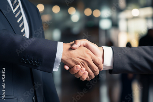 A focused businessman finalizing a deal with a confident handshake in a modern and dynamic office environment. photo