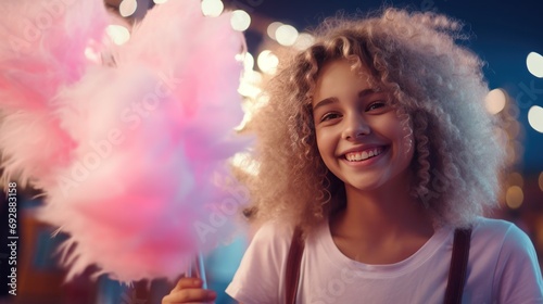 Girl smiles happily and likes to eat pink cotton candy in amusement park at night