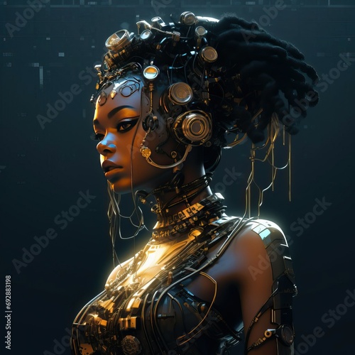 dark-skinned woman in cyberpunk style. robot woman.