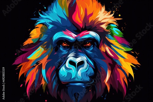 Animal gorilla drawn in abstract colorful vector style. Isolated on black background. T-shirt, mug print pattern, Generative AI