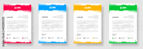 Grunge watercolor paint brush strokes texture effect corporate business letterhead design template set with red, blue, green and yellow color.