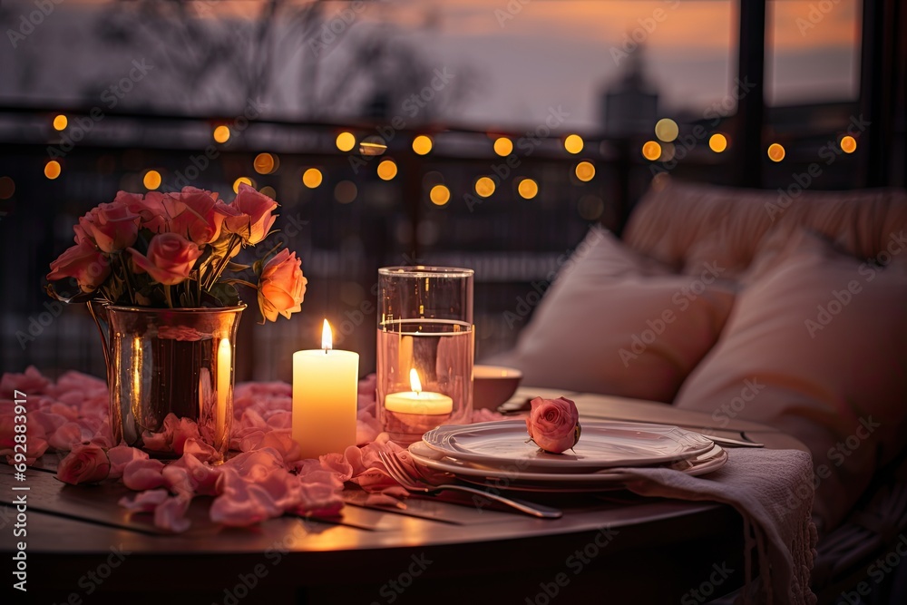 Romantic candlelit dinner for two with elegant table settings and a backdrop of soft fairy lights, intimate Valentine's Day celebration