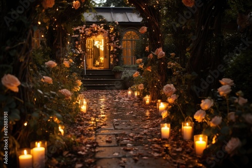Romantic candlelit path leading through a garden  an atmospheric and enchanting setting for romantic walks and moments