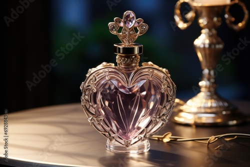 Vintage-inspired heart-shaped perfume bottle with a golden atomizer, a luxurious and romantic accessory for dressing tables