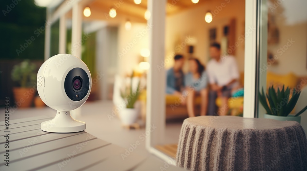 Modern Wi-Fi security cameras mounted on home walls By facing the camera In the background, there is a family sitting on a sofa in the blurred background. Modern Wi-Fi security cameras mounted on home walls By facing the camera In the background, there is a family sitting on a sofa in the blurred background.