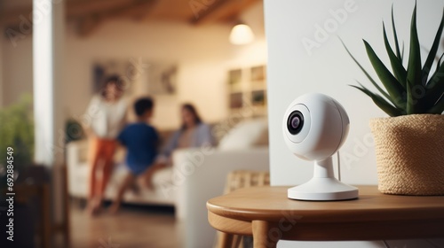 Modern Wi-Fi security cameras mounted on home walls By facing the camera In the background, there is a family sitting on a sofa in the blurred background. photo