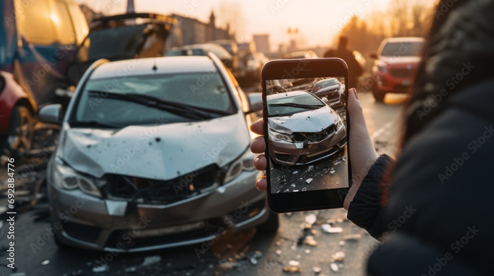 Female hand holding a smartphone Take pictures of car accidents - obrazy, fototapety, plakaty 