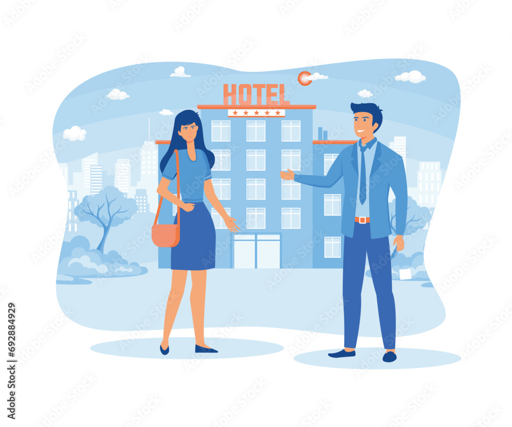 Isolated hotel services set. The doorman smiled and welcomed guests. flat vector modern illustration Isolated hotel services set. The doorman smiled and welcomed guests. flat vector modern illustration
