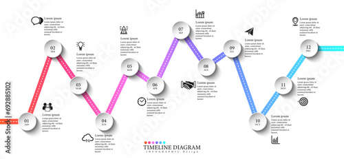 Infographic workflow diagram 12 months infographic number Process flow chart with icons. Illustration vector data concept of process and data chart