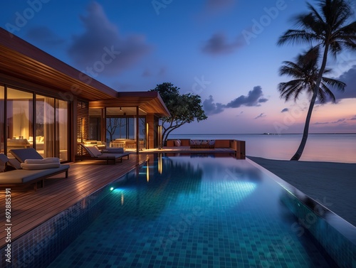 the pool at or near maldives at twilight