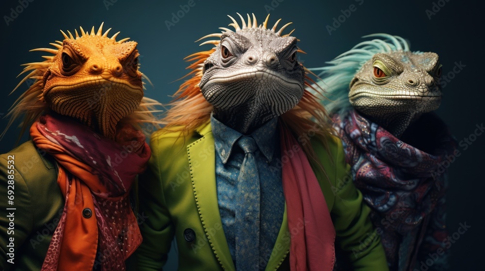 Creative animal concept: Basilisk in bright fashion outfit.