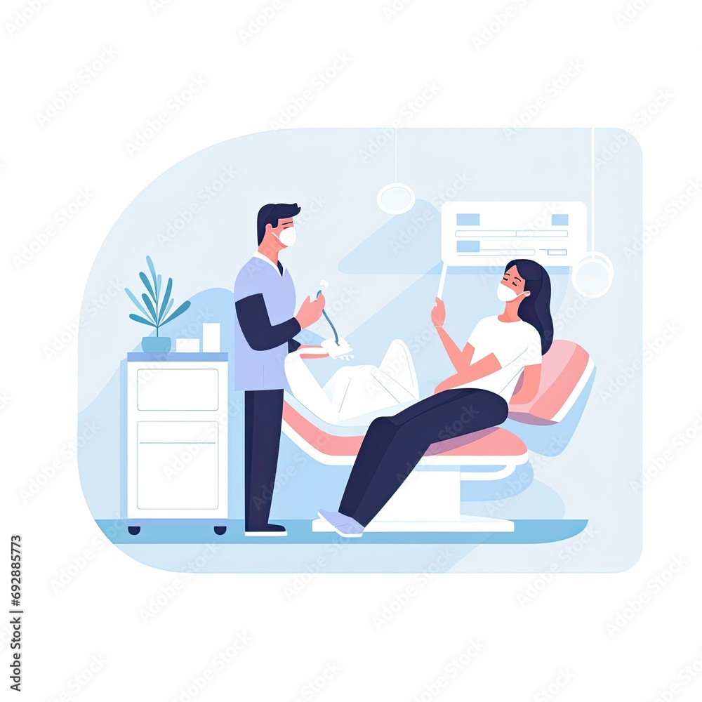 Minimalist UI illustration of a dentist performing a check-up in a flat illustration style on a white background