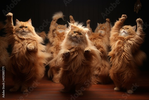 a group of funny cute fluffy red cats performing a dancing routine on stage or a dance floor under professional concert or studio lighting photo