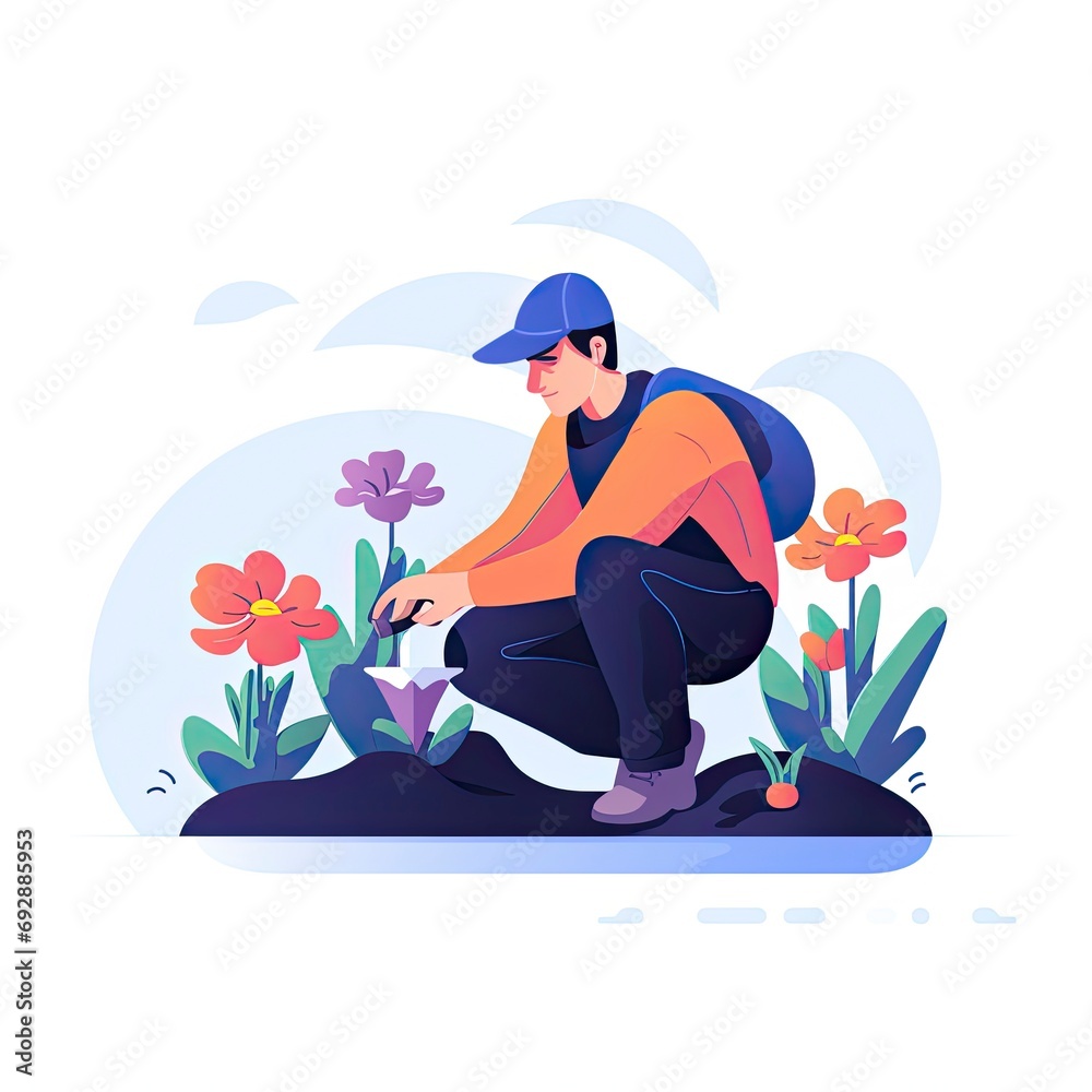 Minimalist UI illustration of a gardener planting flowers in a flat illustration style on a white background