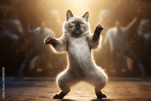 funny cute short hair siamese cat performing a dancing routine on stage or a dance floor under professional concert or studio lighting photo