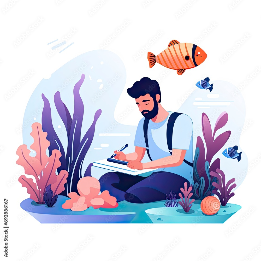 Minimalist UI illustration of a marine biologist studying ocean life in a flat illustration style on a white background.