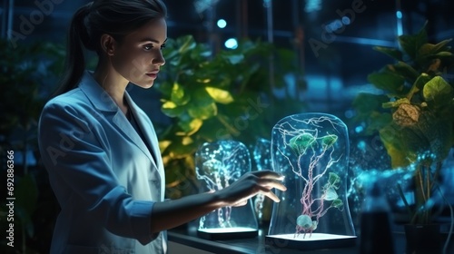 Female doctor with digital holographic plant for biotechnology