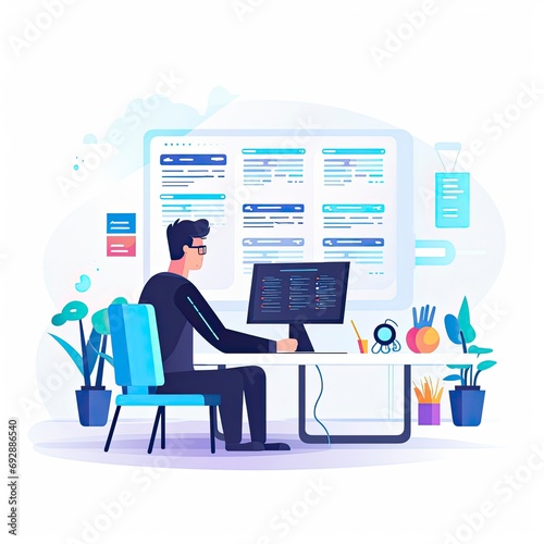 Minimalist UI illustration of a programmer debugging code in a flat illustration style on a white background