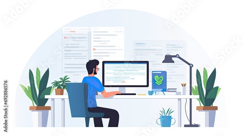 Minimalist UI illustration of a programmer debugging code in a flat illustration style on a white background photo
