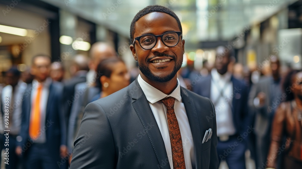 A contemporary-dressed African American businessman. in a busy, bright office setting, standing with arms crossed, happy, successful, and confident. A contemporary-dressed African American businessman. in a busy, bright office setting, standing with arms crossed, happy, successful, and confident.