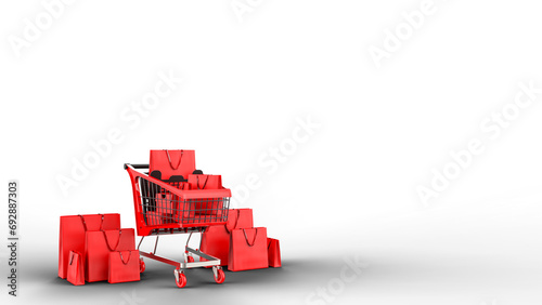 3D rendered Supermarket shopping cart with balloons and gift box. E commerce elements on transparent background PNG (ID: 692887303)