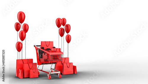3D rendered Supermarket shopping cart with balloons and gift box. E commerce elements on transparent background PNG (ID: 692887320)