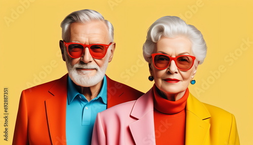 Minimalist Art: Fashionable Senior Couple in Bright Colors photo