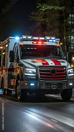 At night, a city's streets are traversed by an emergency ambulance on a signal..