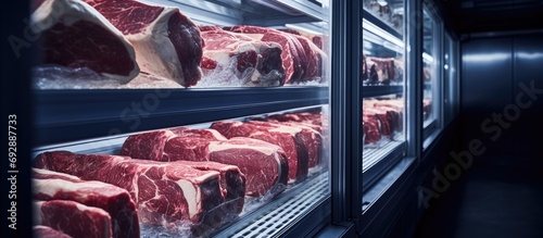 Aging high-quality beef in cold storage. photo