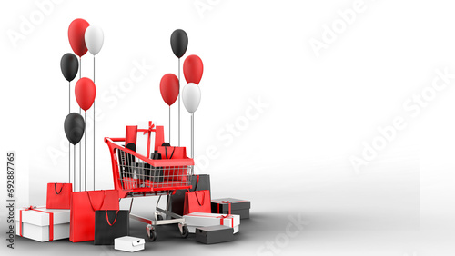 3D rendered Supermarket shopping cart with balloons and gift box. E commerce elements on transparent background PNG (ID: 692887765)