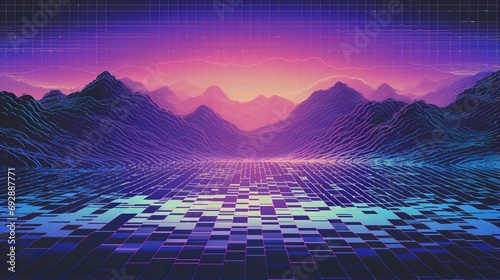 Vintage Computer Screen with 80s Retro Wave Style Background, VHS Noise, and Glitch Effects in Bright Purple Color photo