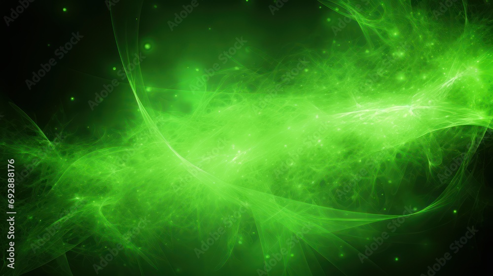 Technological background with fluorescent green light effects, light lines, luminous waves, light particles, green on a black background