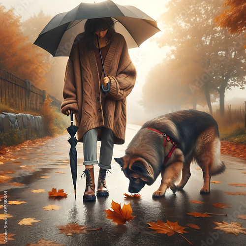 A person with an Umbrella, isolated, Dog and Man in a city park, generative ai