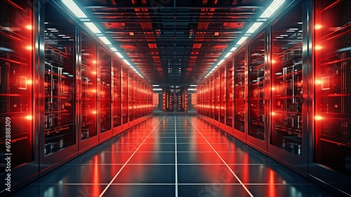 A render farm with hundreds of contemporary server cabinets. Error light warning in red..