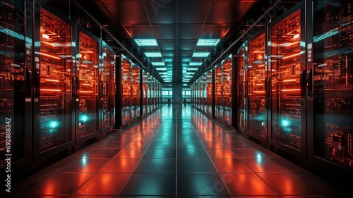 A render farm with hundreds of contemporary server cabinets. Error light warning in red..