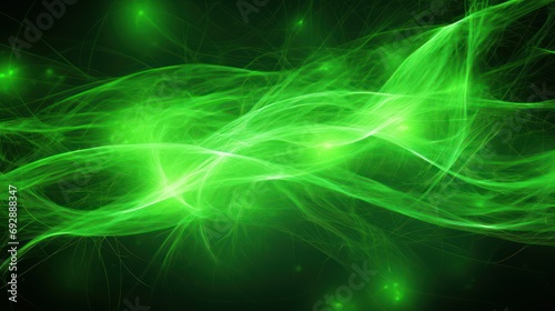 Technological background with fluorescent green light effects, light lines, luminous waves, light particles, green on a black background