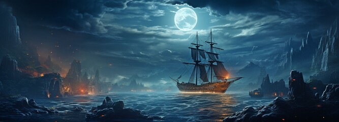 Fototapete Nautischer Stil Geisterhafte Piratenschiffe bei Mitternacht  © tongpatong