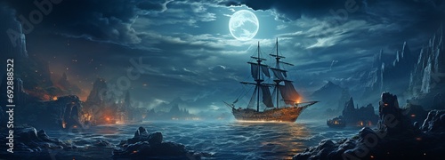 Unsettling Haunted Pirate Ships on Styled Midnight Blue Ocean Breaks .