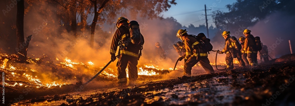 Fighting a forest fire with firefighters . - obrazy, fototapety, plakaty 