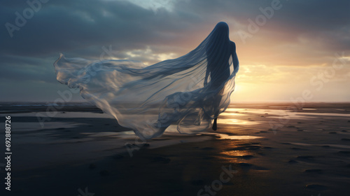 Creepy Ghost Walking Woman Sheet Wet Beach Dusk