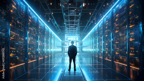 Futuristic 3D Concept- Big Data Center Chief Technology Officer Using Laptop Standing In Warehouse, Information Digitalization Lines Streaming Through Servers. generative AI. © mak