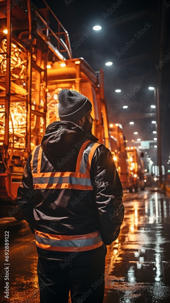 Near the cargo harbour is a logistician. A man working at a port, facing the camera. To unload maritime boats, use a forklift. Guy is employed in a cargo harbour. equipment for loading at night port.