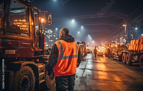 Near the cargo harbour is a logistician. A man working at a port, facing the camera. To unload maritime boats, use a forklift. Guy is employed in a cargo harbour. equipment for loading at night port.