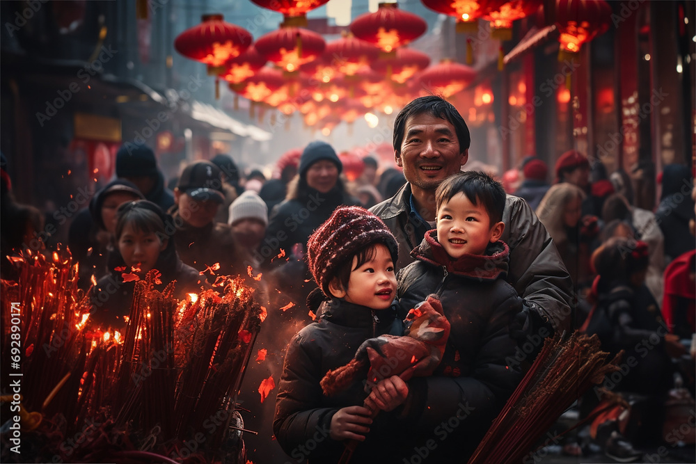 Fototapeta premium Chinese people are celebrating the Spring Festival, and the red-hot atmosphere permeates the streets and lanes, backlight